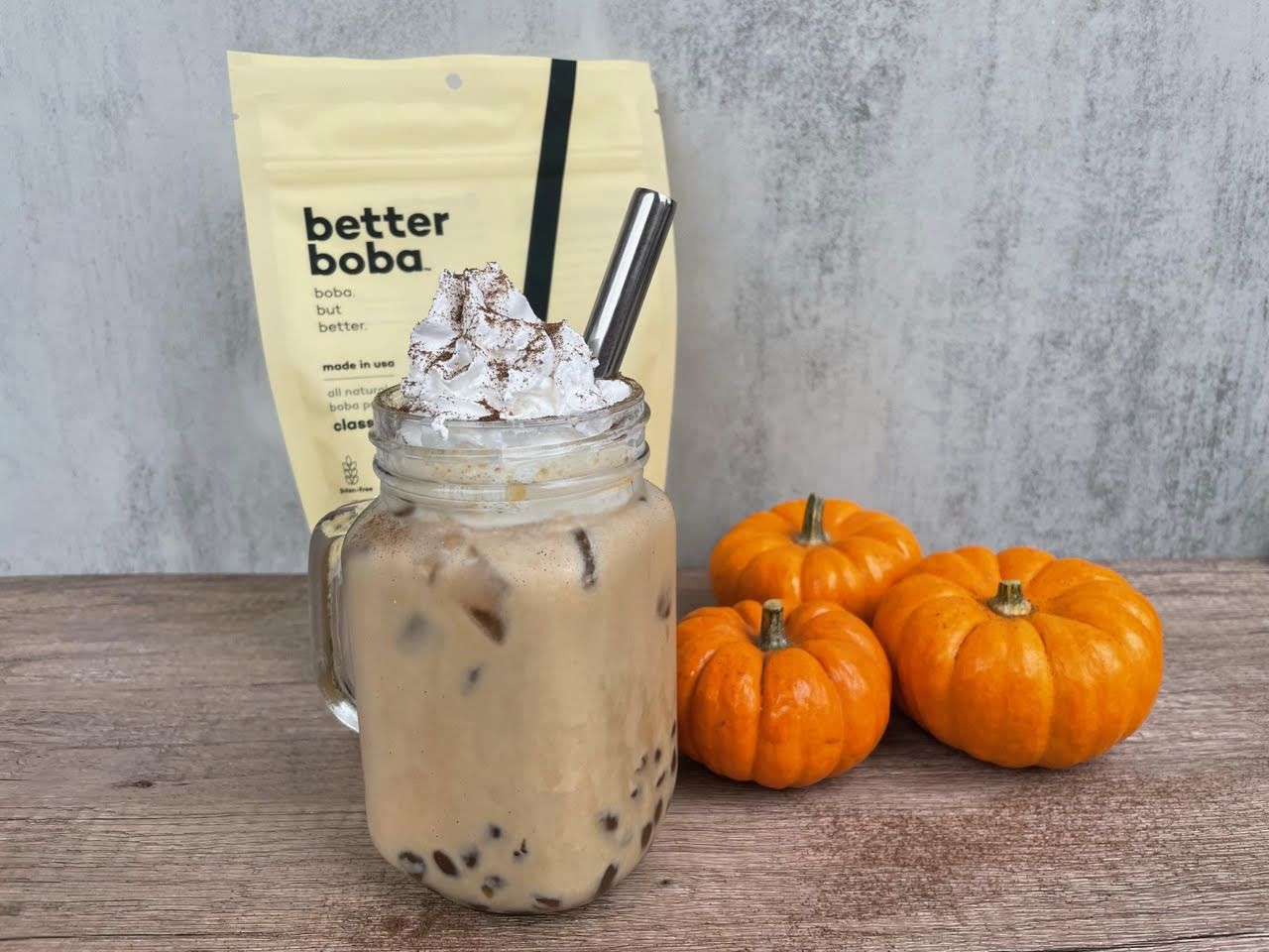 homemade iced pumpkin spice latte with boba